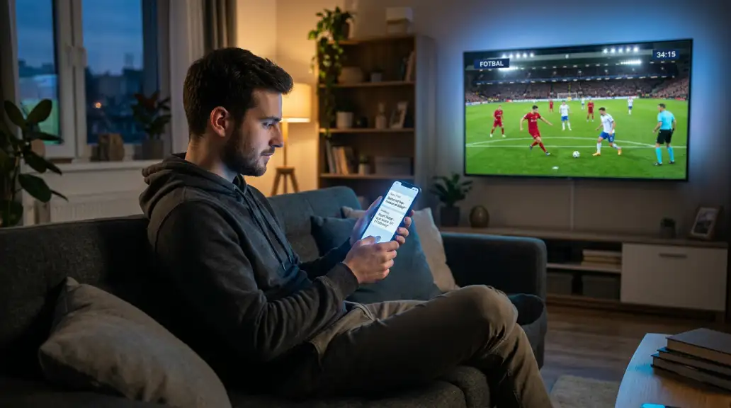 Živé sportovní sázení na mobilním telefonu během fotbalového zápasu